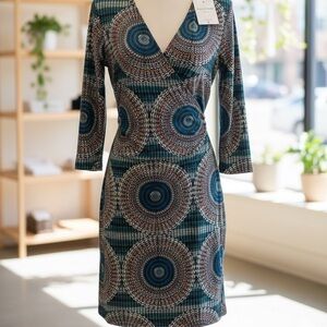 Emma & Michelle Blue Green Geometric Medallion Knit Wrap Dress V-neck Mod Boho L